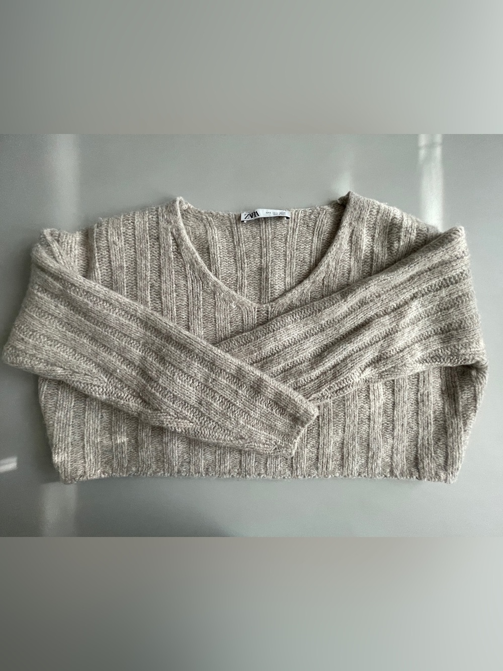 Zara Beige Cropped Ribbed V-Neck Sweater